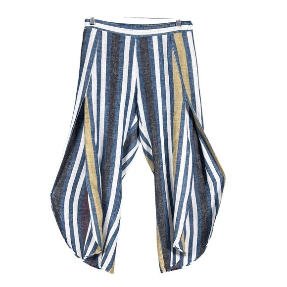 Drew Womens S Striped Linen Blend 2 Piece Set Crop Top Faux Wrap Pants Lagenlook - Picture 3 of 16